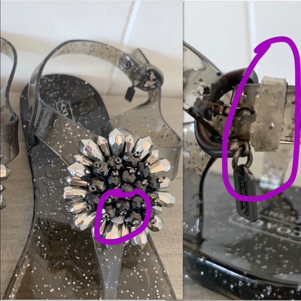 Coach Smoky Black Jelly Sandals with Crystal Flower Accent